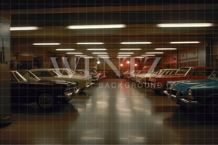 Fabric Photography Background Garage with Old Car / Backdrop 3266