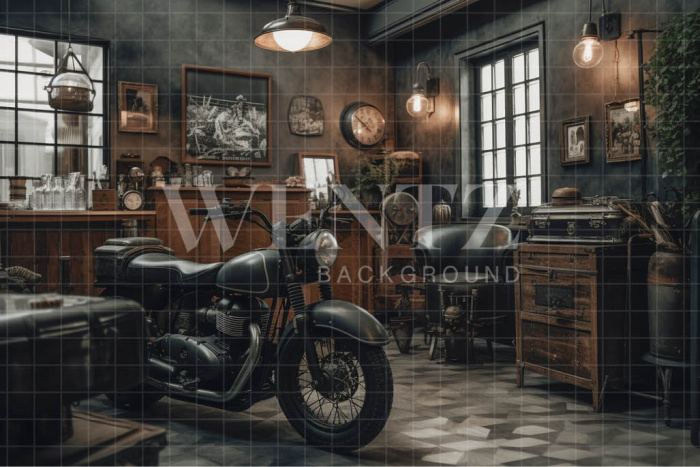 Fabric Photography Background Motorbike Repair Shop / Backdrop 3336