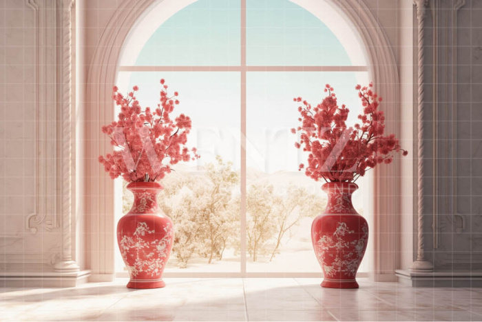 Fabric Photography Background Room with Red Vases / Backdrop 3567