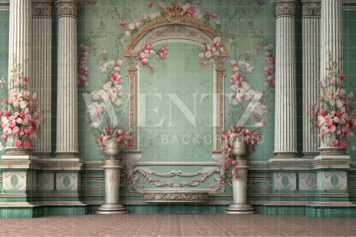 Fabric Photography Background Green Wall with Columns / Backdrop 3605