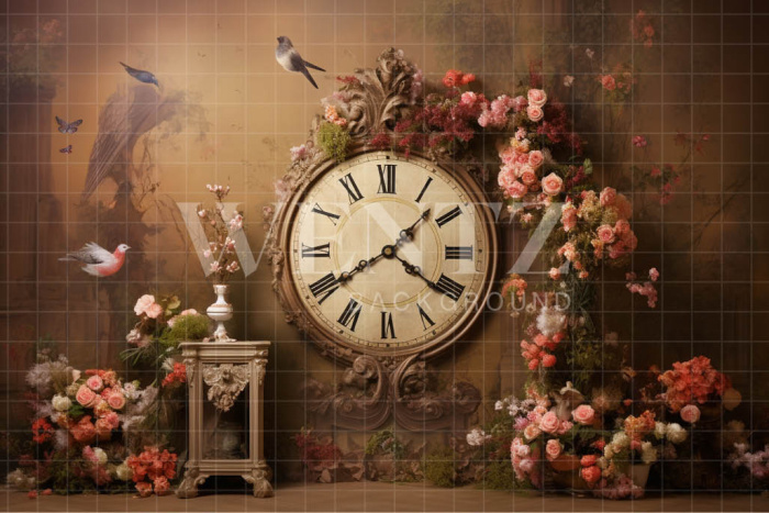 Fabric Photography Background Set with Clock and Flowers / Backdrop 3606