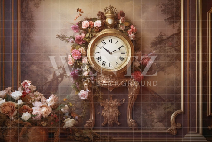 Fabric Photography Background Set with Clock and Flowers / Backdrop 3607