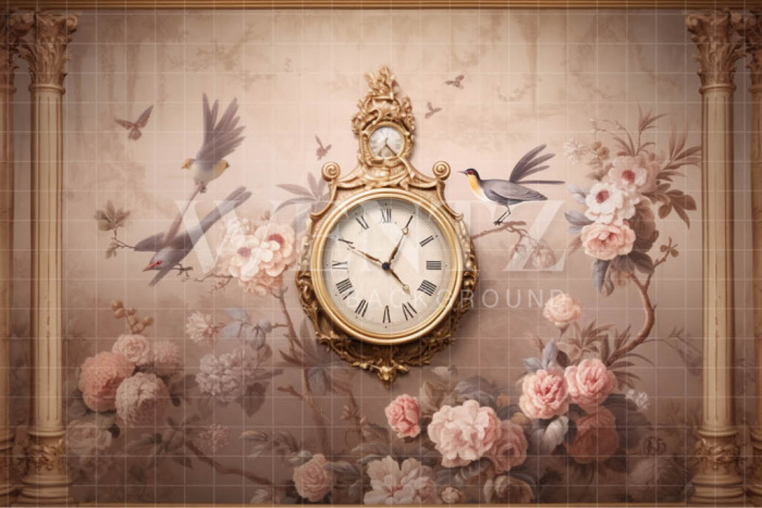 Fabric Photography Background Set with Clock and Flowers / Backdrop 3608