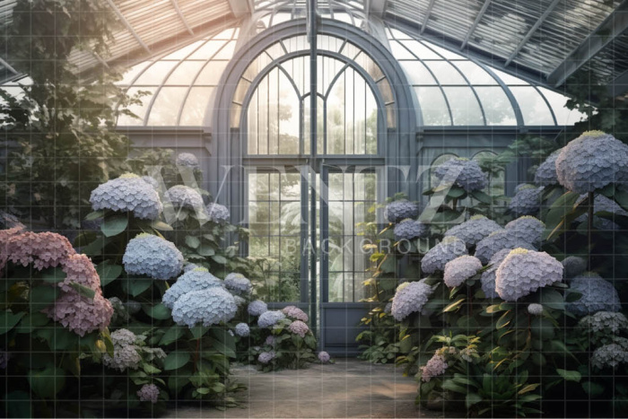 Fabric Photography Background Blue Hydrangea Greenhouse / Backdrop 3632