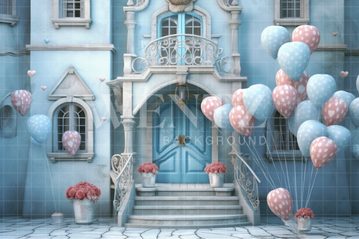 Fabric Photography Background Blue facade with Balloons / Backdrop 3652