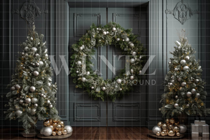 Fabric Photography Background Door with Christmas Wreath / Backdrop 3816