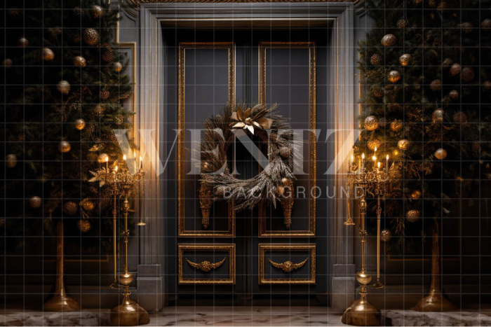 Fabric Photography Background Door with Christmas Wreath / Backdrop 3857