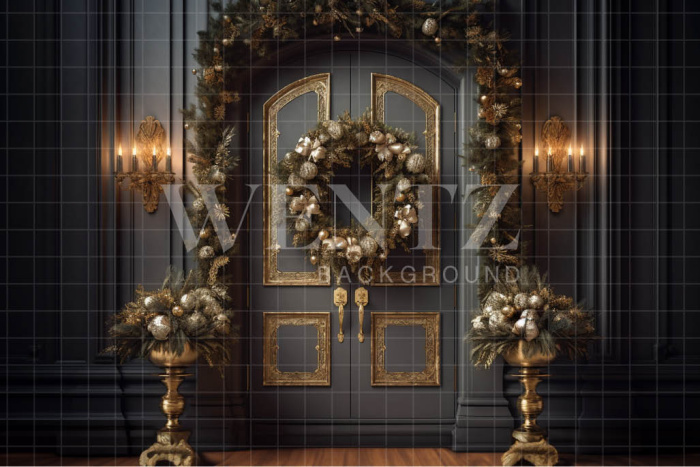 Fabric Photography Background Door with Christmas Wreath / Backdrop 3859