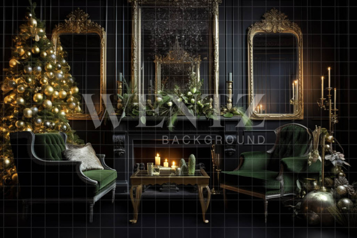 Fabric Photography Background Green and Gold Christmas Room / Backdrop 3874
