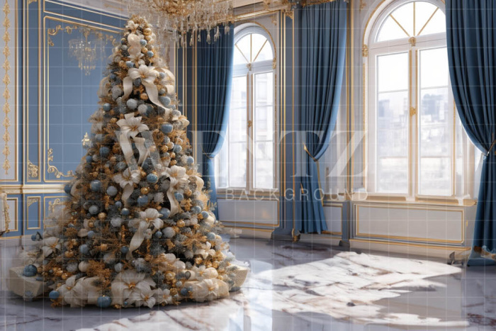 Fabric Photography Background Blue and Gold Christmas Room / Backdrop 3879