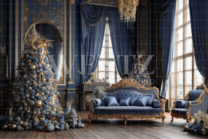 Fabric Photography Background Blue and Gold Christmas Room / Backdrop 3883