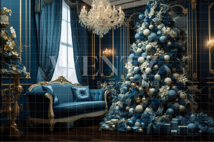 Fabric Photography Background Blue and Gold Christmas Room / Backdrop 3884