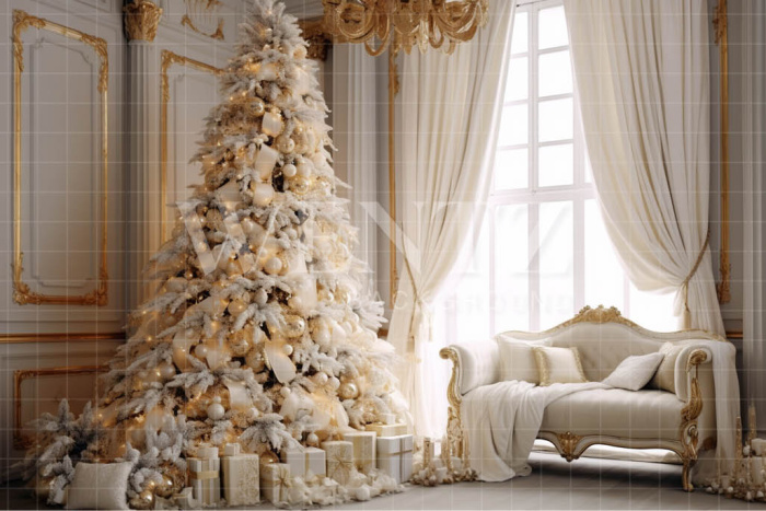 Fabric Photography Background White and Gold Christmas Tree / Backdrop 3963