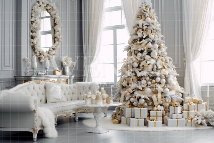 Fabric Photography Background White and Gold Christmas Room / Backdrop 3964