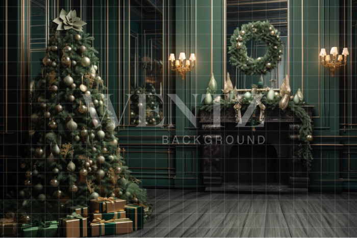 Fabric Photography Background Christmas Room with Fireplace / Backdrop 3976