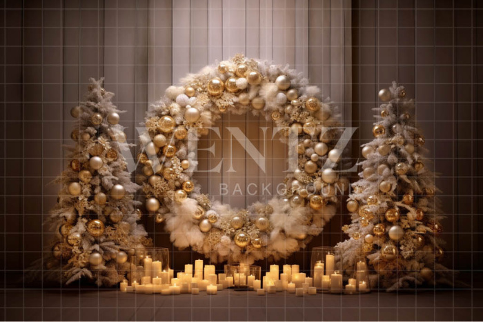 Fabric Photography Background Gold Christmas Wreath / Backdrop 4017