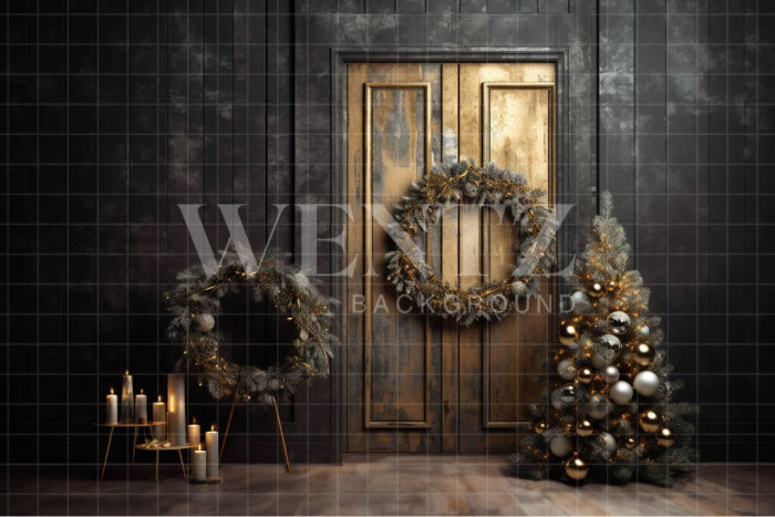 Fabric Photography Background Gold Christmas Door / Backdrop 4026