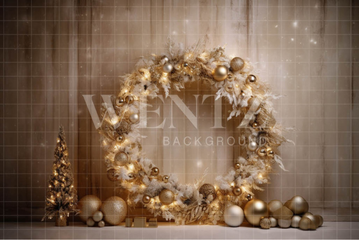 Fabric Photography Background Gold Christmas Wreath / Backdrop 4030