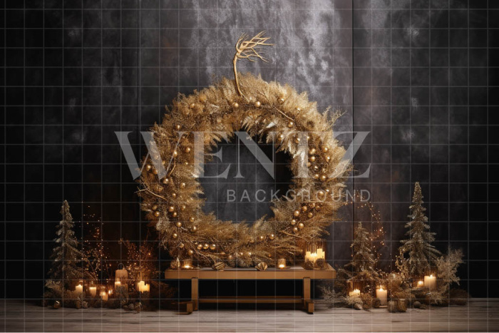 Fabric Photography Background Gold Christmas Wreath / Backdrop 4032
