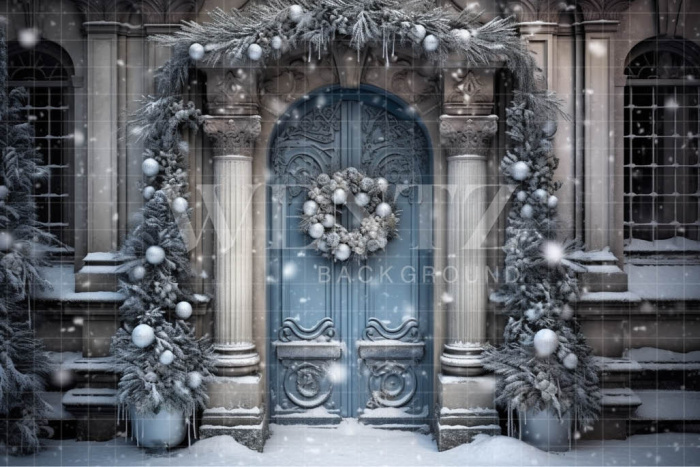 Fabric Photography Background Blue Christmas Door / Backdrop 4059