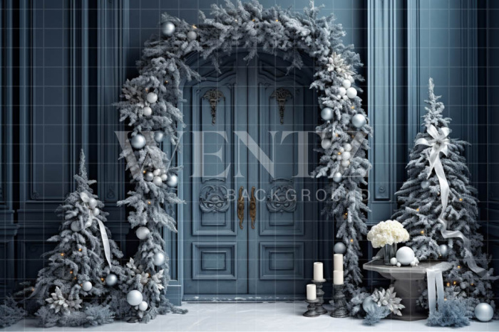 Fabric Photography Background Blue Christmas Door / Backdrop 4065