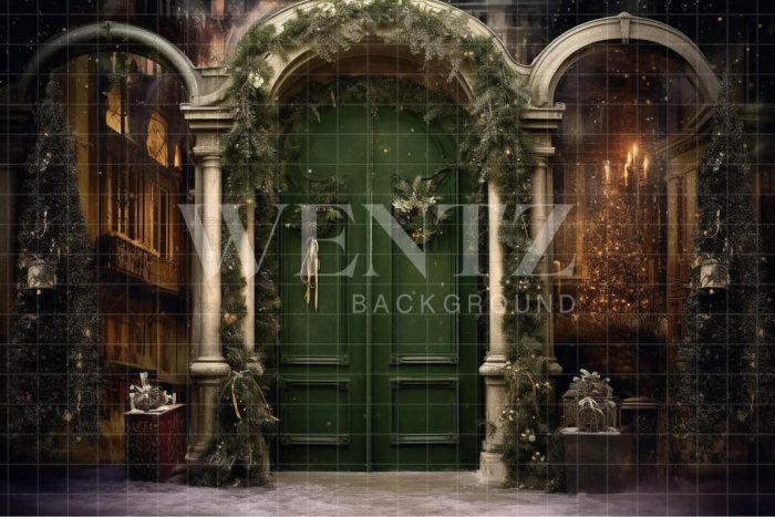 Fabric Photography Background Christmas Green Door / Backdrop 4115