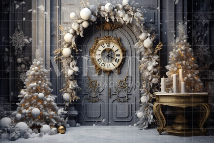 Fabric Photography Background Christmas Door with Clock / Backdrop 4150