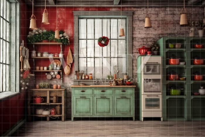 Fabric Photography Background Christmas Kitchen / Backdrop 4185