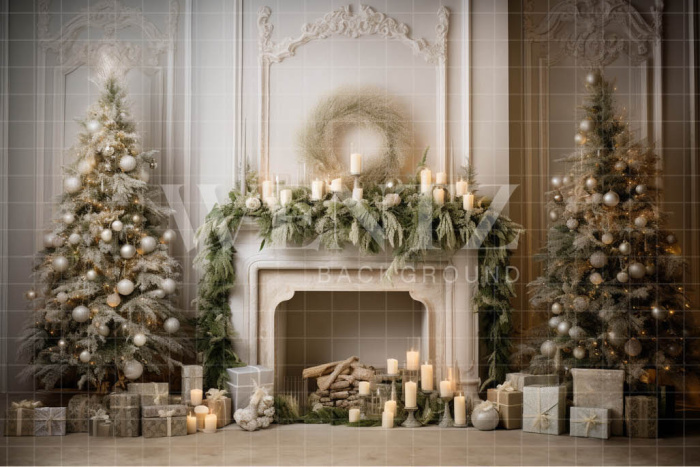 Fabric Photography Background Christmas Room with Fireplace / Backdrop 4494