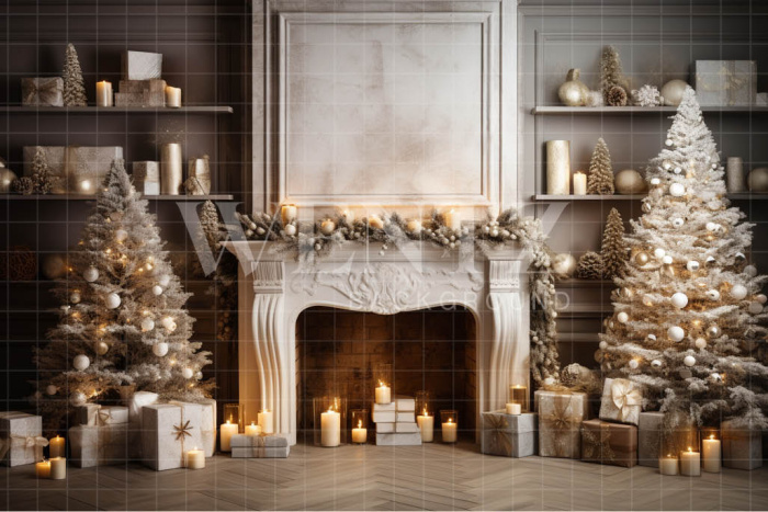 Fabric Photography Background Christmas Room with Fireplace / Backdrop 4495