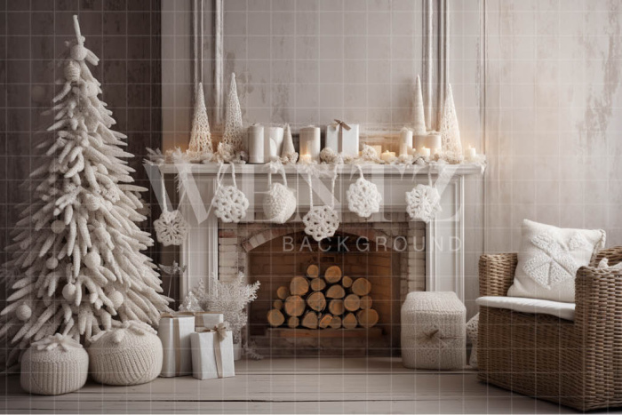 Fabric Photography Background Christmas Room with Fireplace / Backdrop 4496