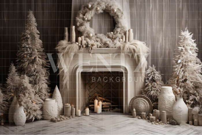 Fabric Photography Background Christmas Room with Fireplace / Backdrop 4497