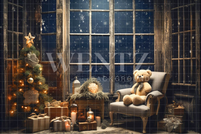 Fabric Photography Background Christmas Room with Teddy Bear / Backdrop 4564
