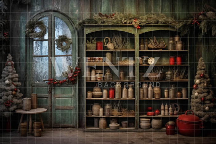 Fabric Photography Background Vintage Christmas Kitchen / Backdrop 4612