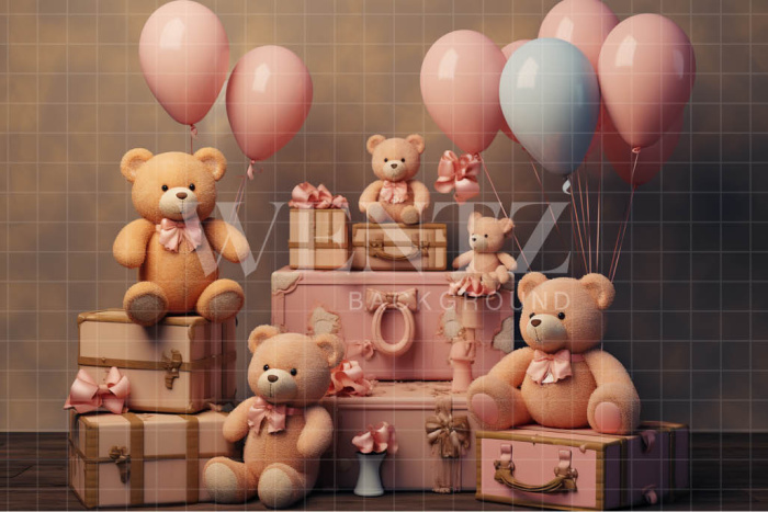 Fabric Photography Background Teddy Bear and Balloons / Backdrop 4823