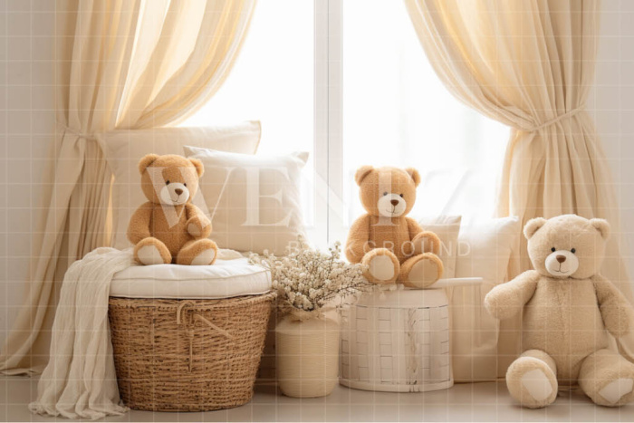 Fabric Photography Background Room with Teddy Bears / Backdrop 4847