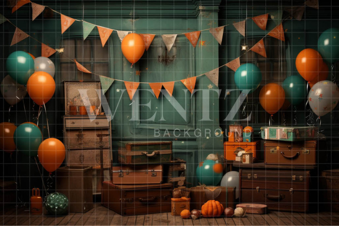 Fabric Photography Background Set with Suitcases and Balloons / Backdrop 4854