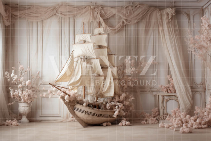 Fabric Photography Background Ship and Flowers / Backdrop 4873