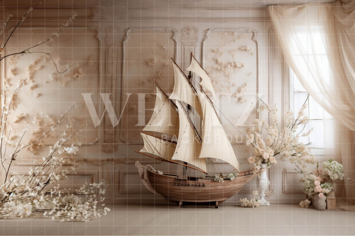 Fabric Photography Background Ship and Flowers / Backdrop 4874