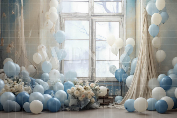 Fabric Photography Background Room with Blue Balloons / Backdrop 4900