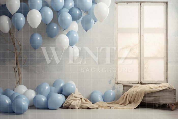 Fabric Photography Background Room with Blue Balloons / Backdrop 4901