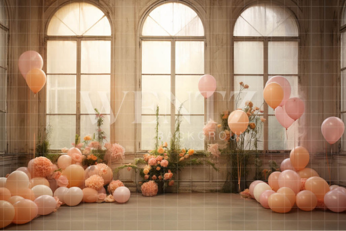 Photographic Background in Fabric Window with Pink Balloons / Backdrop 4917