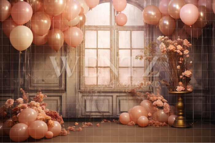Photographic Background in Fabric Window with Pink Balloons / Backdrop 4918