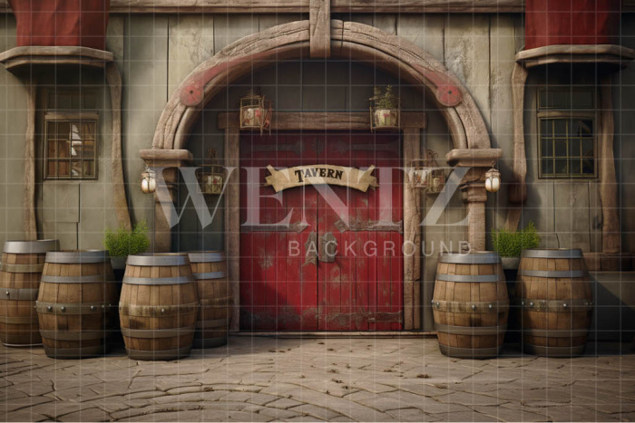 Photographic Background in Fabric Village with Barrel / Background 4932