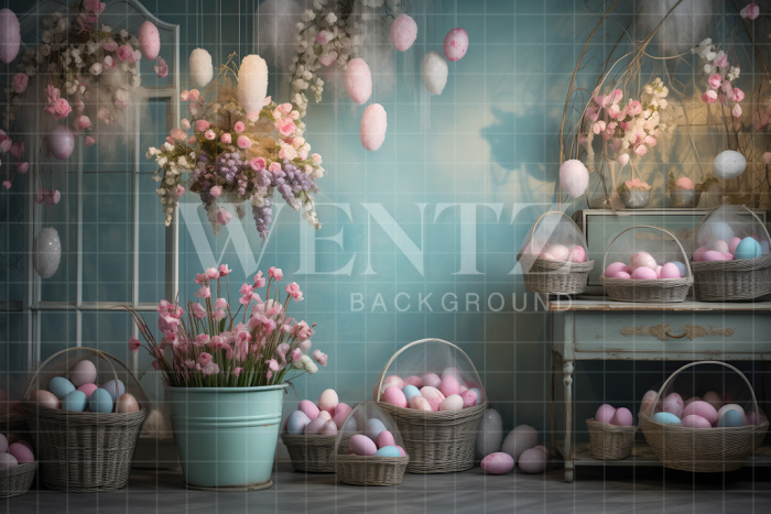 Fabric Photography Background Flowery Living Room with Easter Eggs / Backdrop 5249