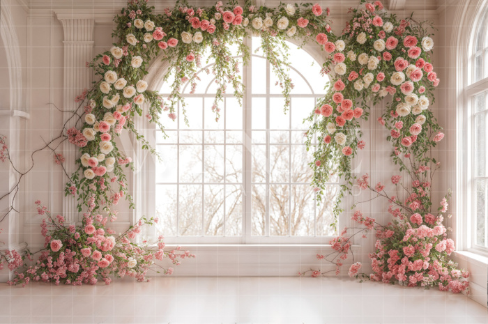 Fabric Photography Background Window with Spring Flowers / Backdrop 7863