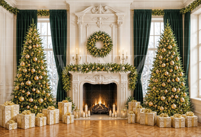 Fabric Photography Background Christmas Fireplace / Backdrop 8541
