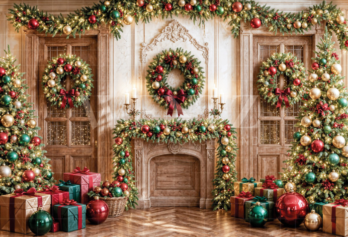 Fabric Photography Background Christmas Fireplace / Backdrop 8547