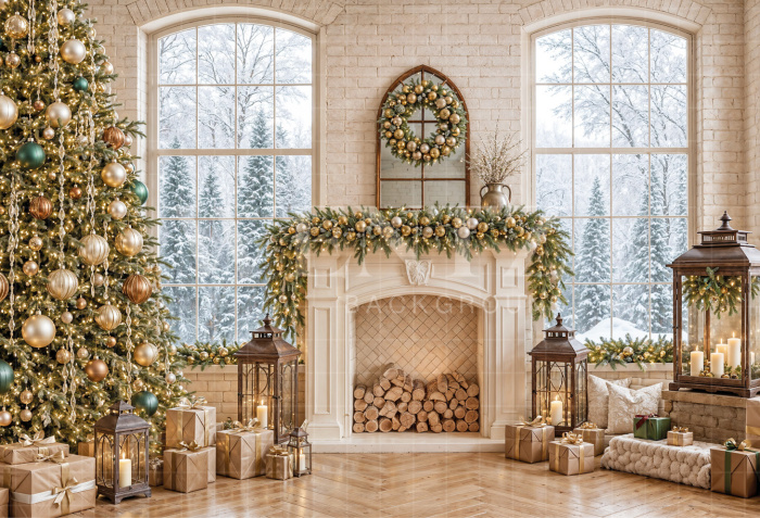 Fabric Photography Background Christmas Fireplace / Backdrop 8551