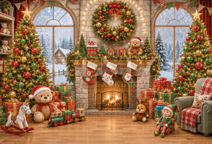 Fabric Photography Background Christmas Fireplace / Backdrop 8558